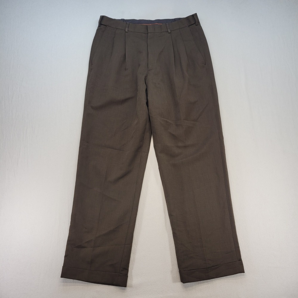 Haggar Dress Pants Mens 36x31 Brown Pleated Cuffed Straight Leg Trousers